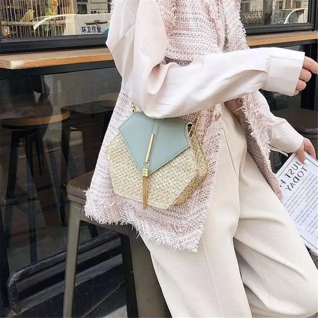 Rattan Women Shoulder Bags Chic Hexagon Wicker Woven Crossbody Bag Lady Beach Bags Handmade Small Purses