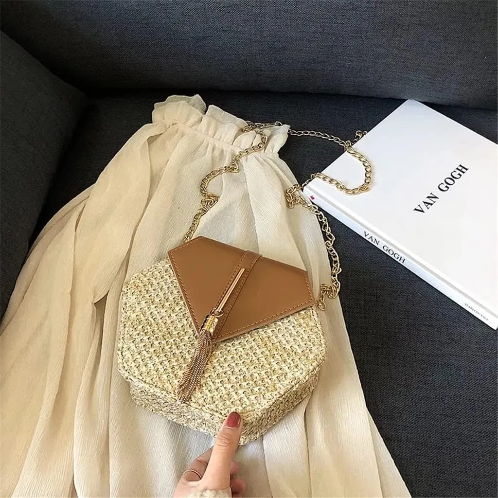 Rattan Women Shoulder Bags Chic Hexagon Wicker Woven Crossbody Bag Lady Beach Bags Handmade Small Purses