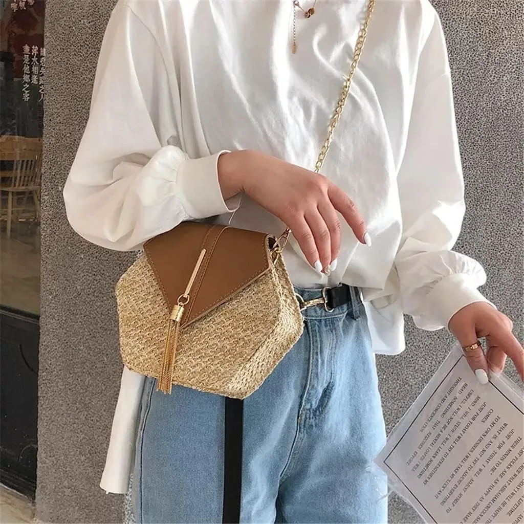Rattan Women Shoulder Bags Chic Hexagon Wicker Woven Crossbody Bag Lady Beach Bags Handmade Small Purses