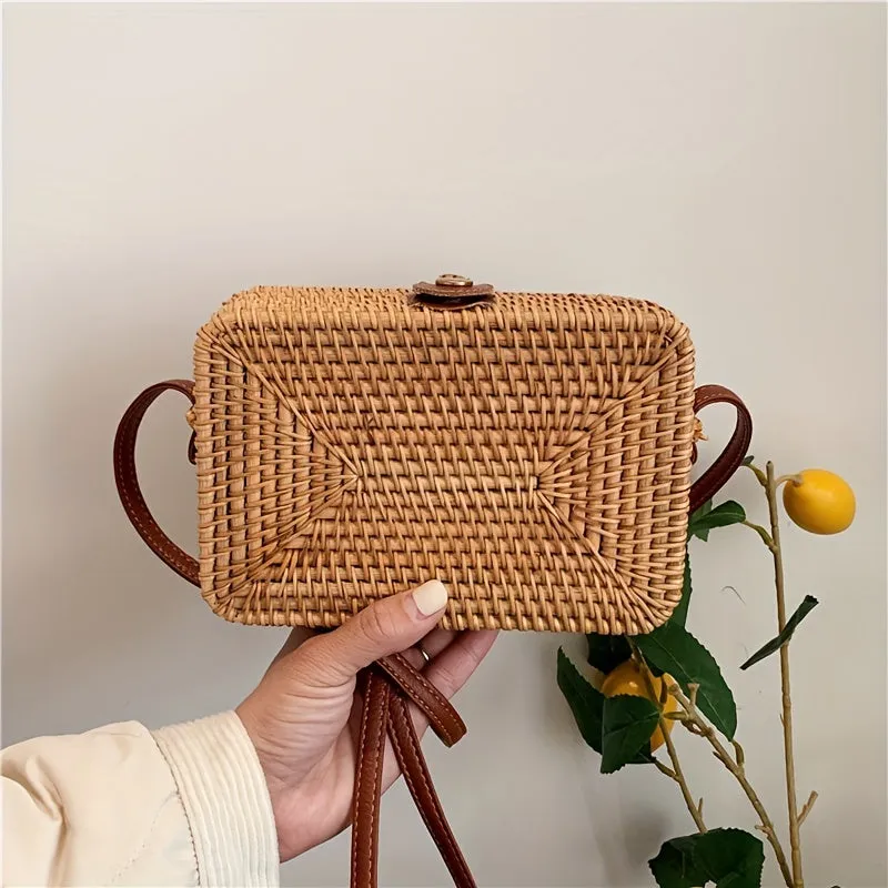 Rattan Woven Box Crossbody Bag, Boho Style Square Beach Bag, Fashion Straw Braided Shoulder Purses