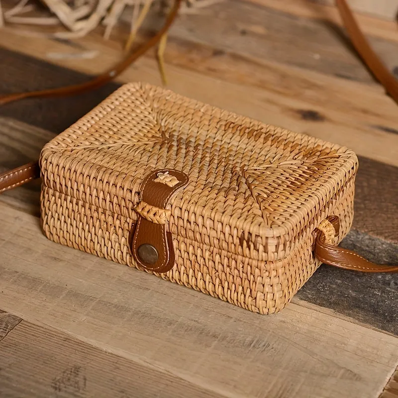 Rattan Woven Box Crossbody Bag, Boho Style Square Beach Bag, Fashion Straw Braided Shoulder Purses