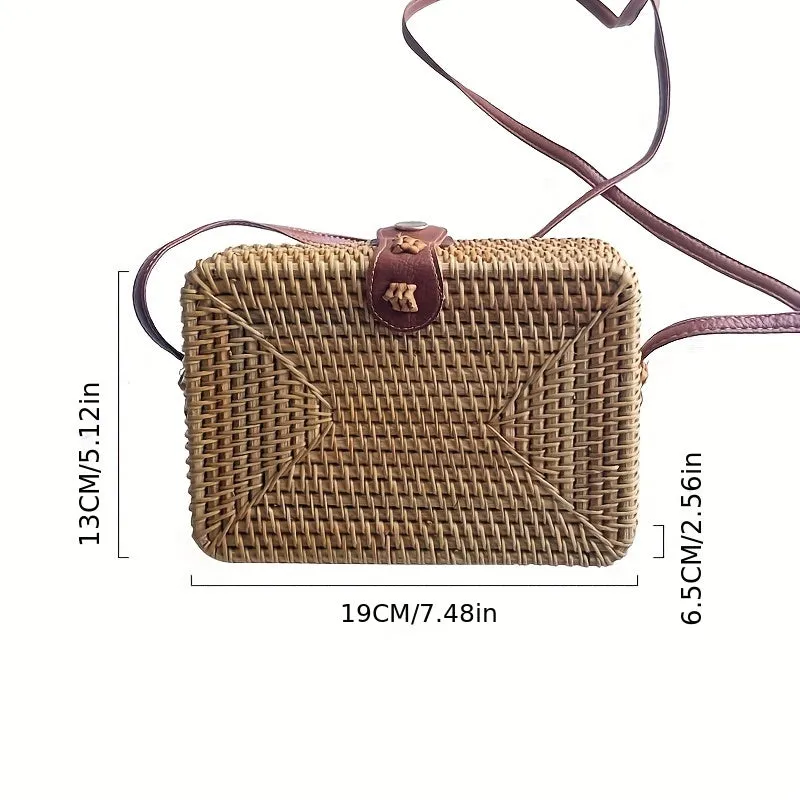 Rattan Woven Box Crossbody Bag, Boho Style Square Beach Bag, Fashion Straw Braided Shoulder Purses