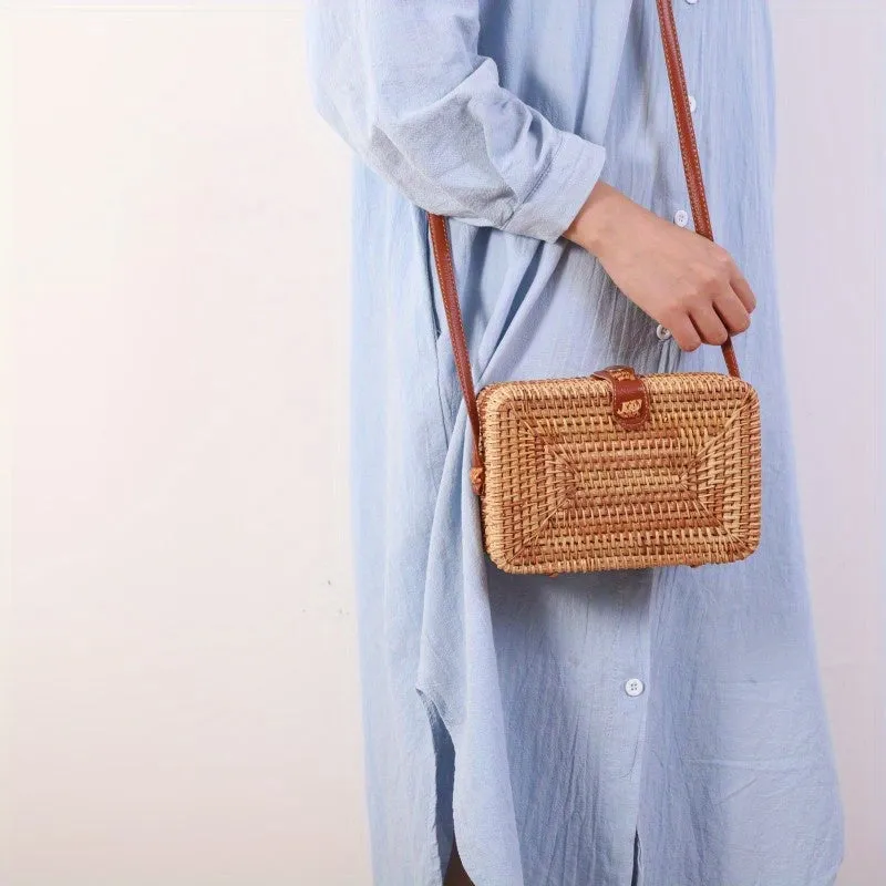 Rattan Woven Box Crossbody Bag, Boho Style Square Beach Bag, Fashion Straw Braided Shoulder Purses