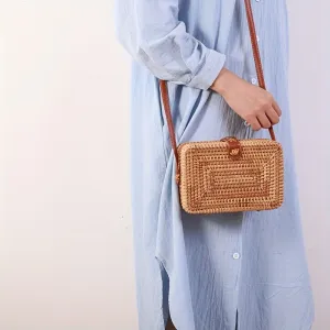 Rattan Woven Box Crossbody Bag, Boho Style Square Beach Bag, Fashion Straw Braided Shoulder Purses