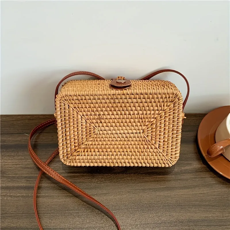 Rattan Woven Box Crossbody Bag, Boho Style Square Beach Bag, Fashion Straw Braided Shoulder Purses