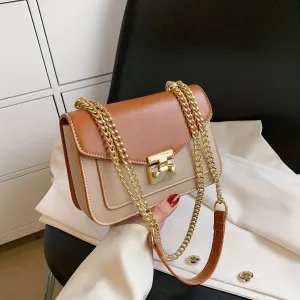 realaiot  Fashion Chain Crossbody Bag, Color Contrast Square Purses, Buckle Decor Shoulder Bag For Women