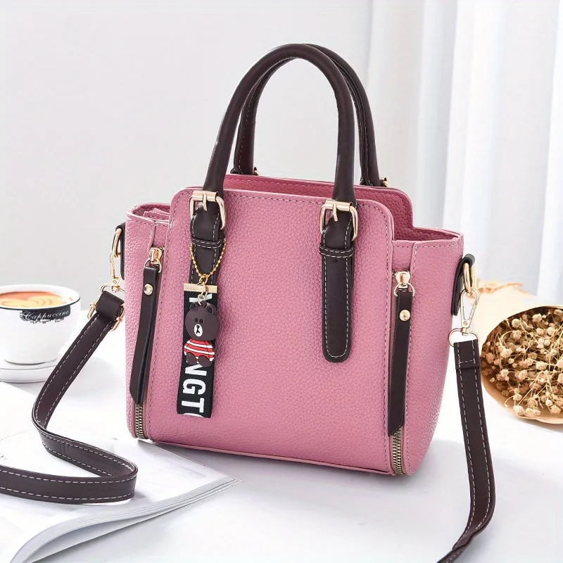 realaiot  Fashion Zipper Decor Handbag, Small PU Crossbody Bag, Women's Top Handle Satchel Purses