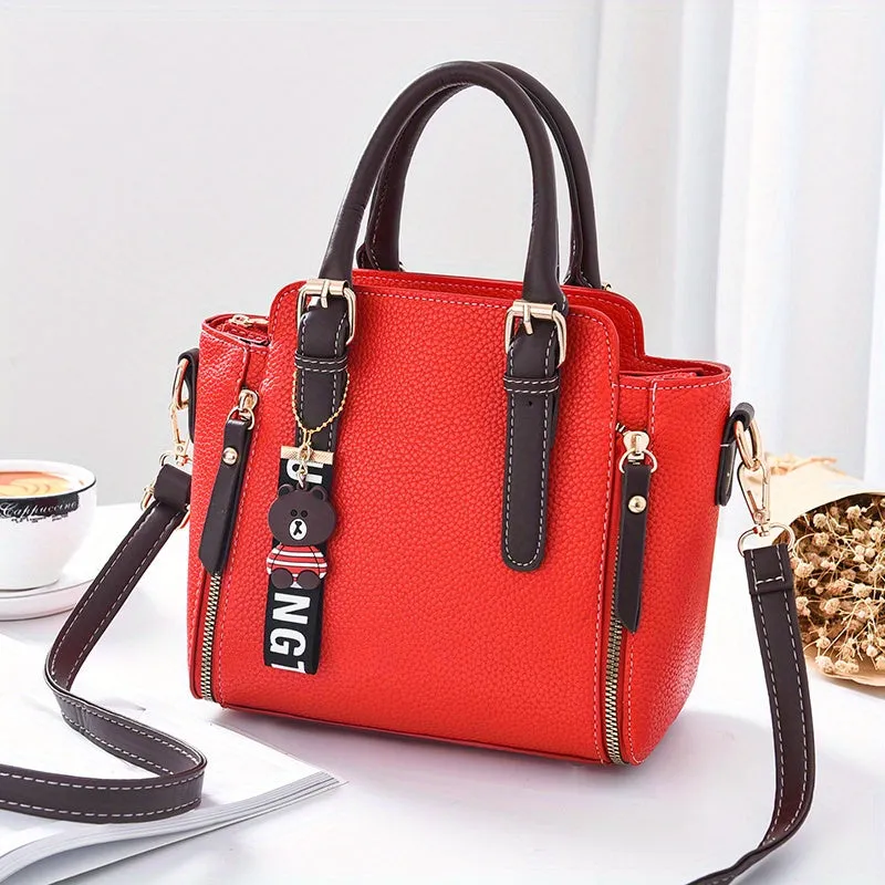 realaiot  Fashion Zipper Decor Handbag, Small PU Crossbody Bag, Women's Top Handle Satchel Purses
