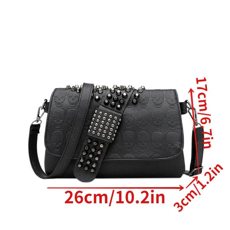 realaiot  Gothic Studded Decor Crossbody Bag, Skull Pattern Shoulder Bag, Women's Chain Underarm Purses