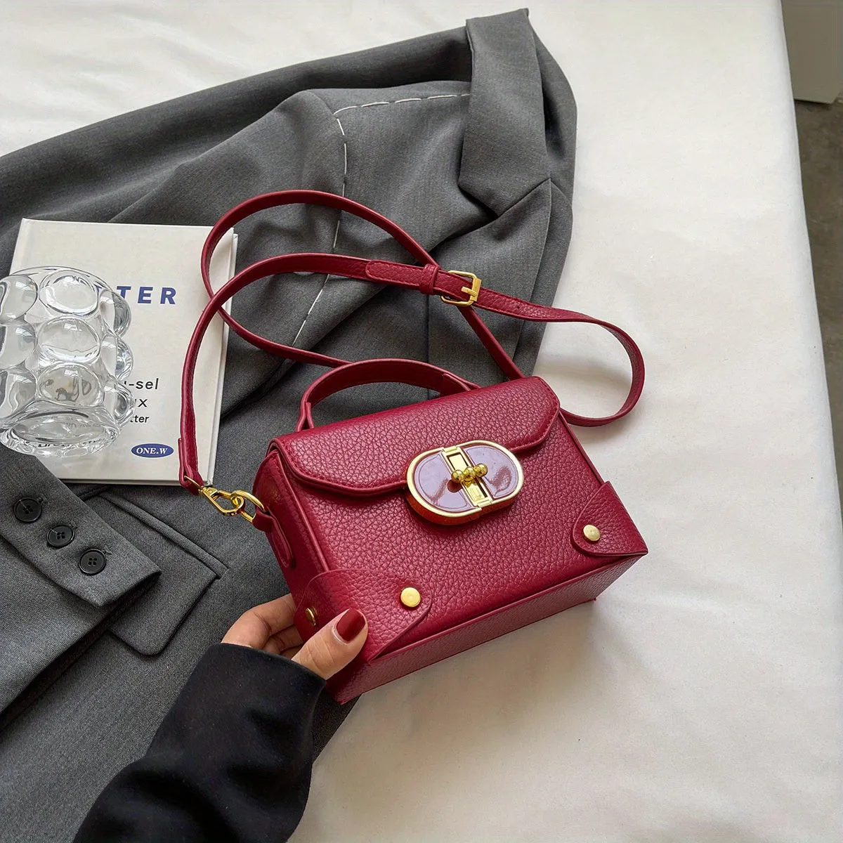 realaiot  Mini Box Handbag For Women, Turn Lock Crossbody Bag, Fashion PU Leather Square Purses