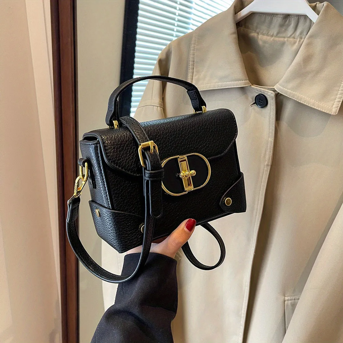 realaiot  Mini Box Handbag For Women, Turn Lock Crossbody Bag, Fashion PU Leather Square Purses