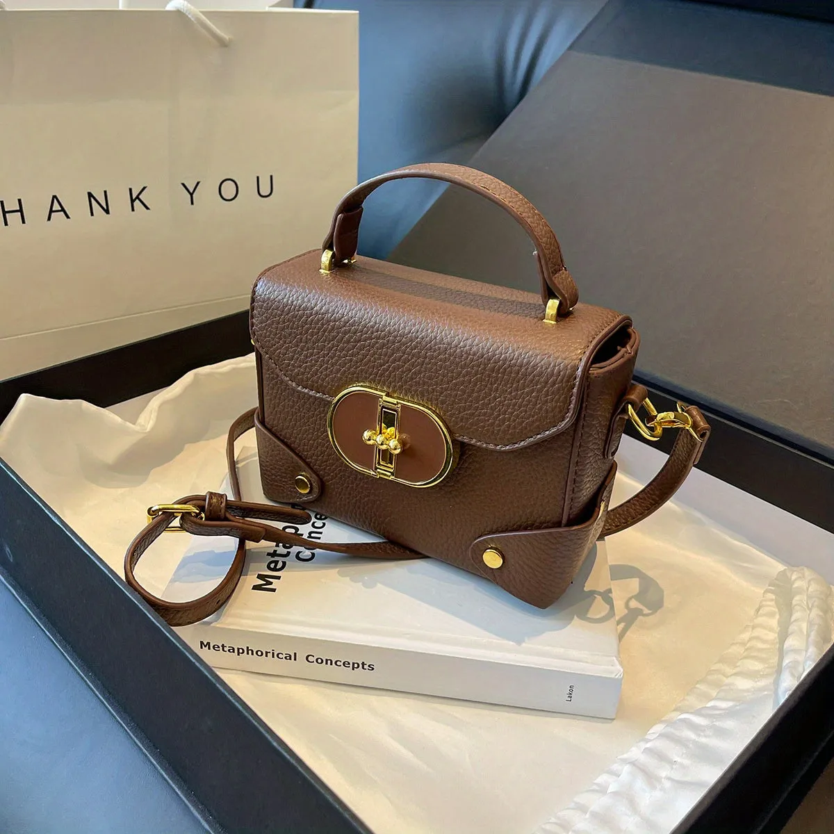 realaiot  Mini Box Handbag For Women, Turn Lock Crossbody Bag, Fashion PU Leather Square Purses