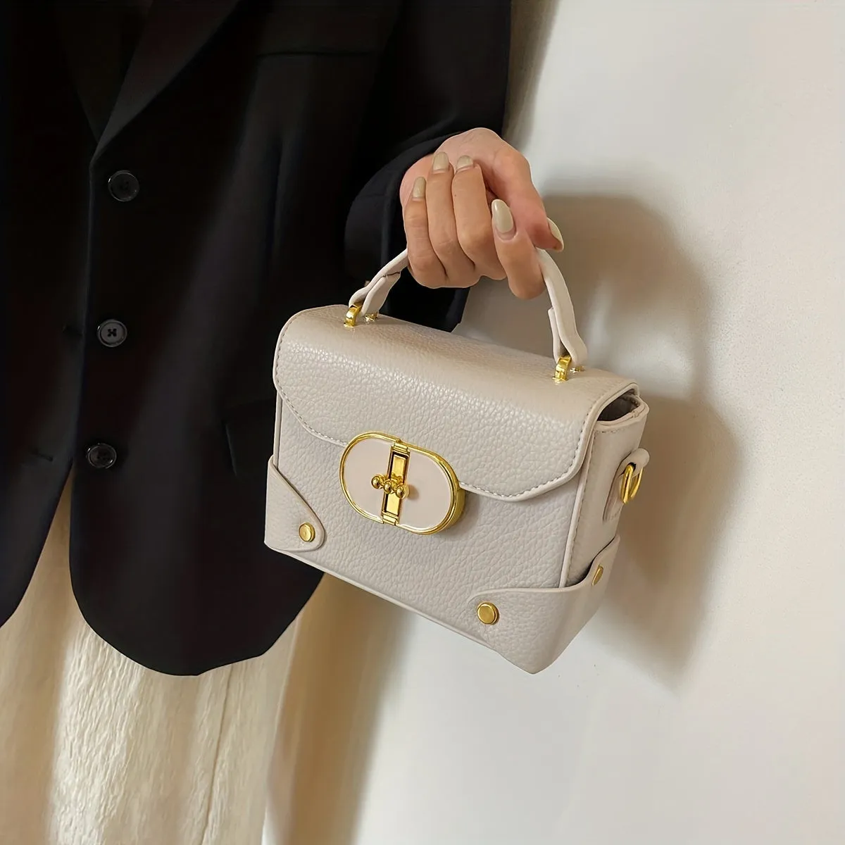 realaiot  Mini Box Handbag For Women, Turn Lock Crossbody Bag, Fashion PU Leather Square Purses