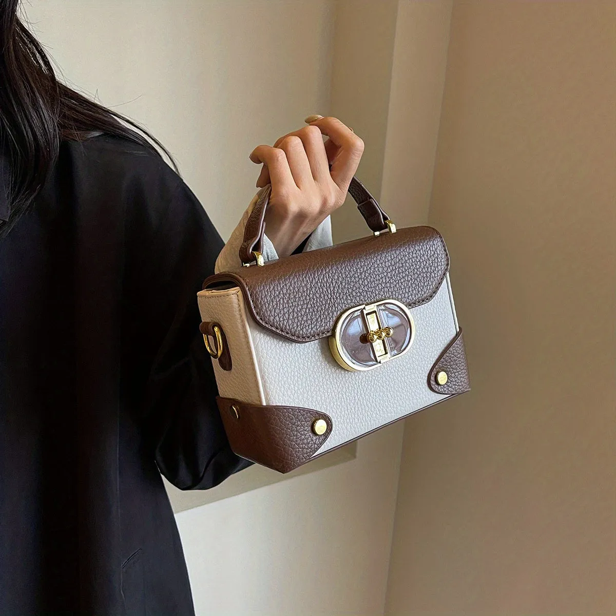 realaiot  Mini Box Handbag For Women, Turn Lock Crossbody Bag, Fashion PU Leather Square Purses