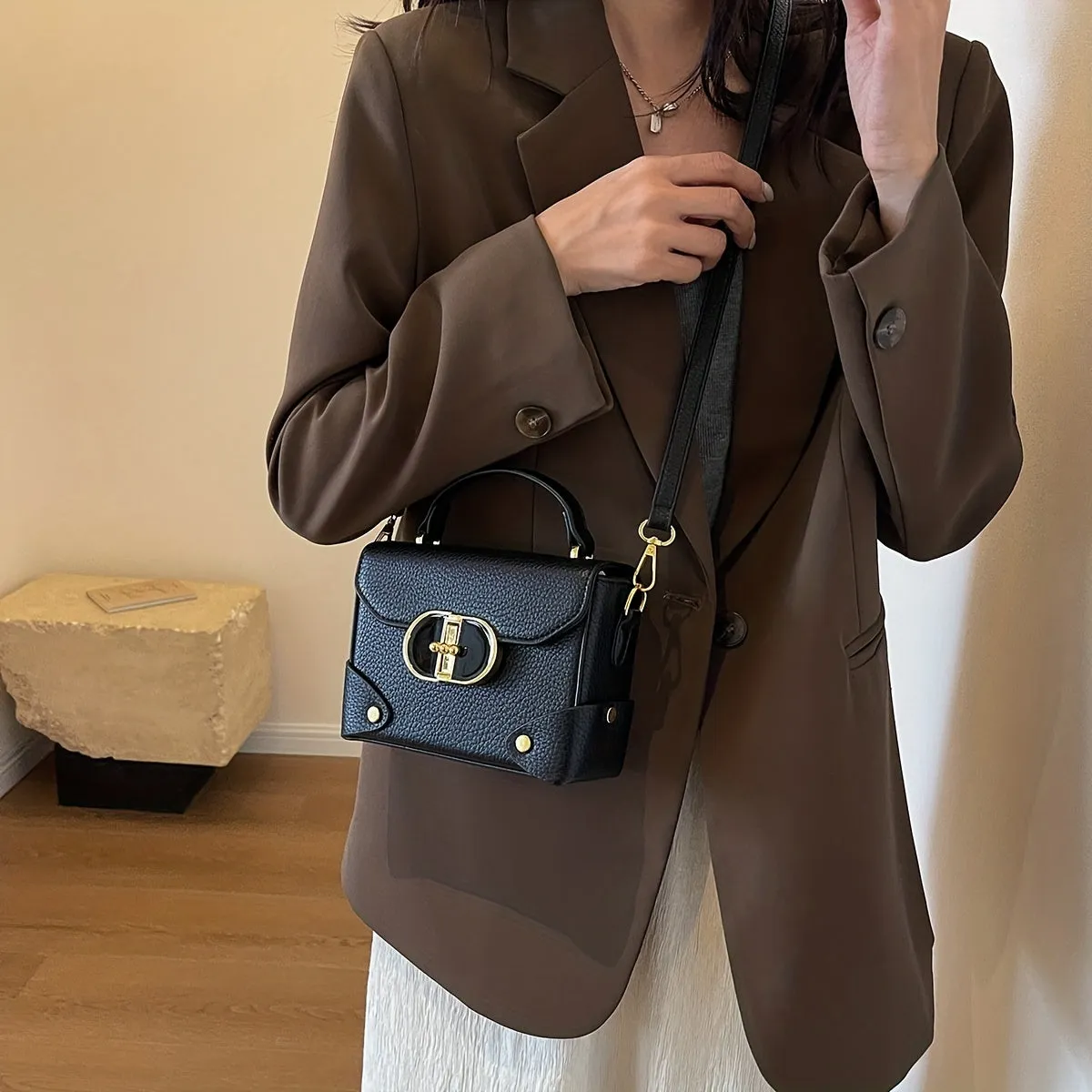 realaiot  Mini Box Handbag For Women, Turn Lock Crossbody Bag, Fashion PU Leather Square Purses