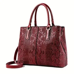 realaiot  Snake Embossed Handbag For Women, Vintage Patent Leather Satchel Purses, Large Capacity Crossbody Bag