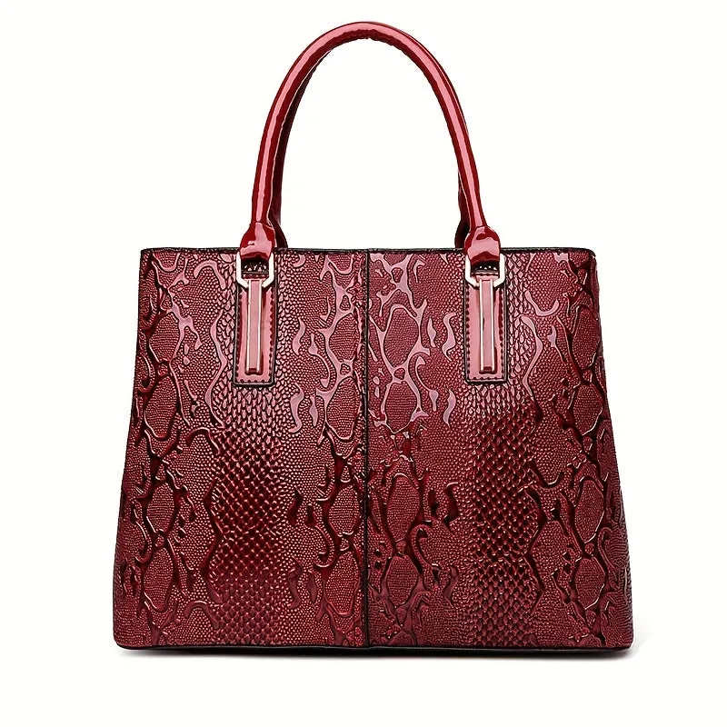 realaiot  Snake Embossed Handbag For Women, Vintage Patent Leather Satchel Purses, Large Capacity Crossbody Bag