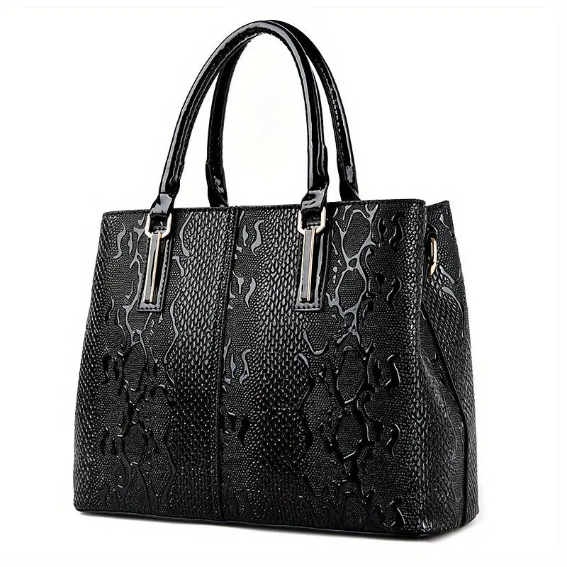 realaiot  Snake Embossed Handbag For Women, Vintage Patent Leather Satchel Purses, Large Capacity Crossbody Bag