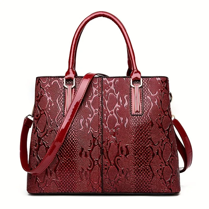 realaiot  Snake Embossed Handbag For Women, Vintage Patent Leather Satchel Purses, Large Capacity Crossbody Bag