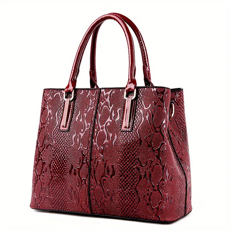 realaiot  Snake Embossed Handbag For Women, Vintage Patent Leather Satchel Purses, Large Capacity Crossbody Bag