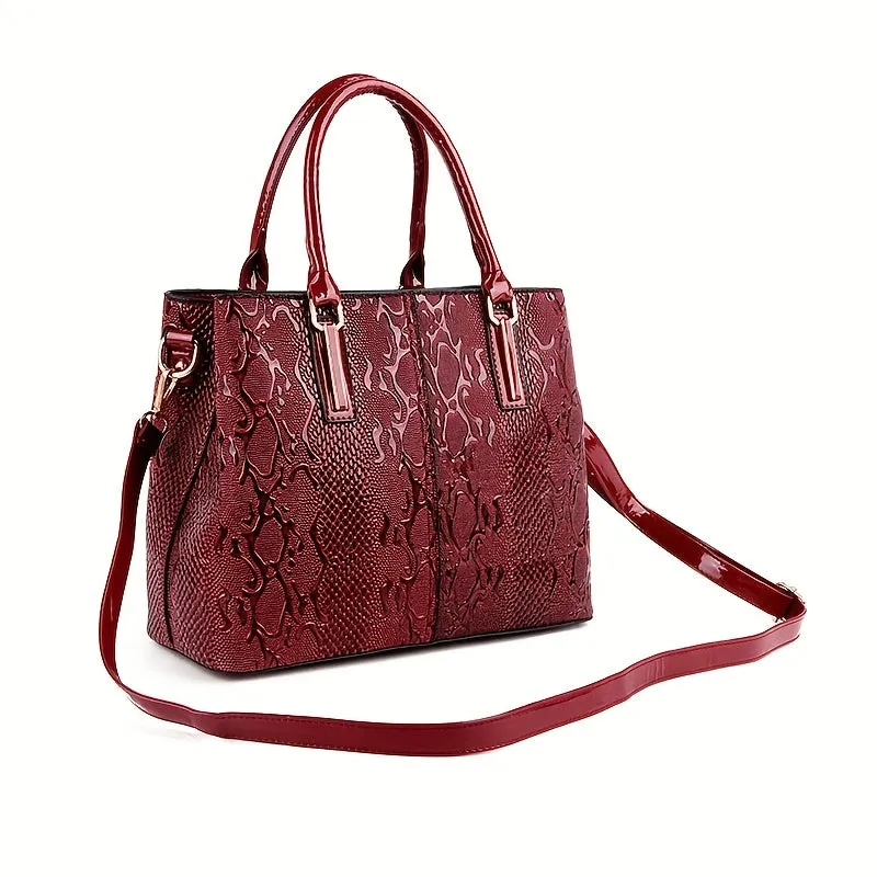 realaiot  Snake Embossed Handbag For Women, Vintage Patent Leather Satchel Purses, Large Capacity Crossbody Bag