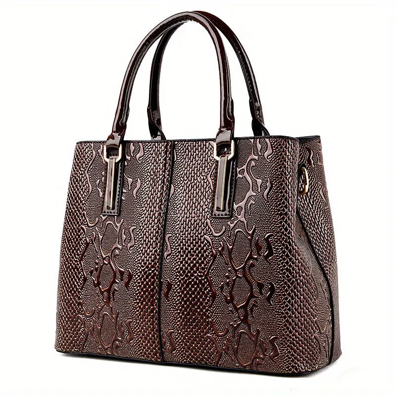 realaiot  Snake Embossed Handbag For Women, Vintage Patent Leather Satchel Purses, Large Capacity Crossbody Bag