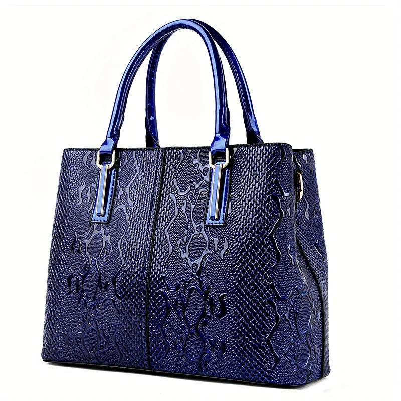 realaiot  Snake Embossed Handbag For Women, Vintage Patent Leather Satchel Purses, Large Capacity Crossbody Bag