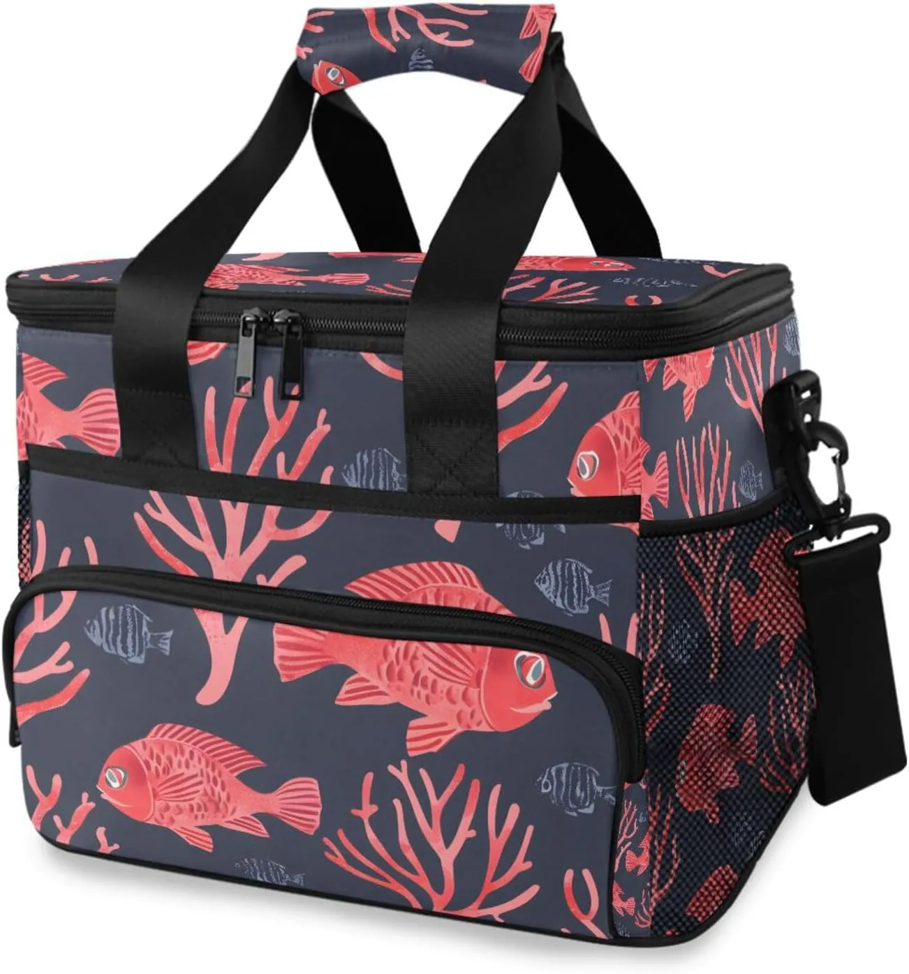 Red Fish Coral Ocean Cooler Bag Insulated Cooler Soft Sided Cooler 24 Can Portable Picnic Bag Large Leakproof Lunch Bag Box for Beach Grocery Camping Travel Car Men Women