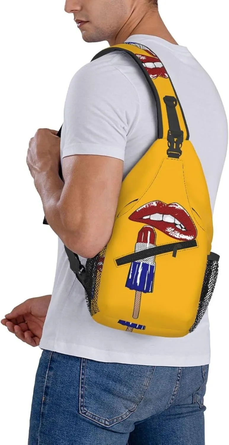 Red Lipstick Lips Black Polka Dots Crossbody Bag Cross Chest Bag Adjustable Sling Backpack Sports Gym Shoulder Bags Travel Cycling Daypack Diagonally Casual Rucksack