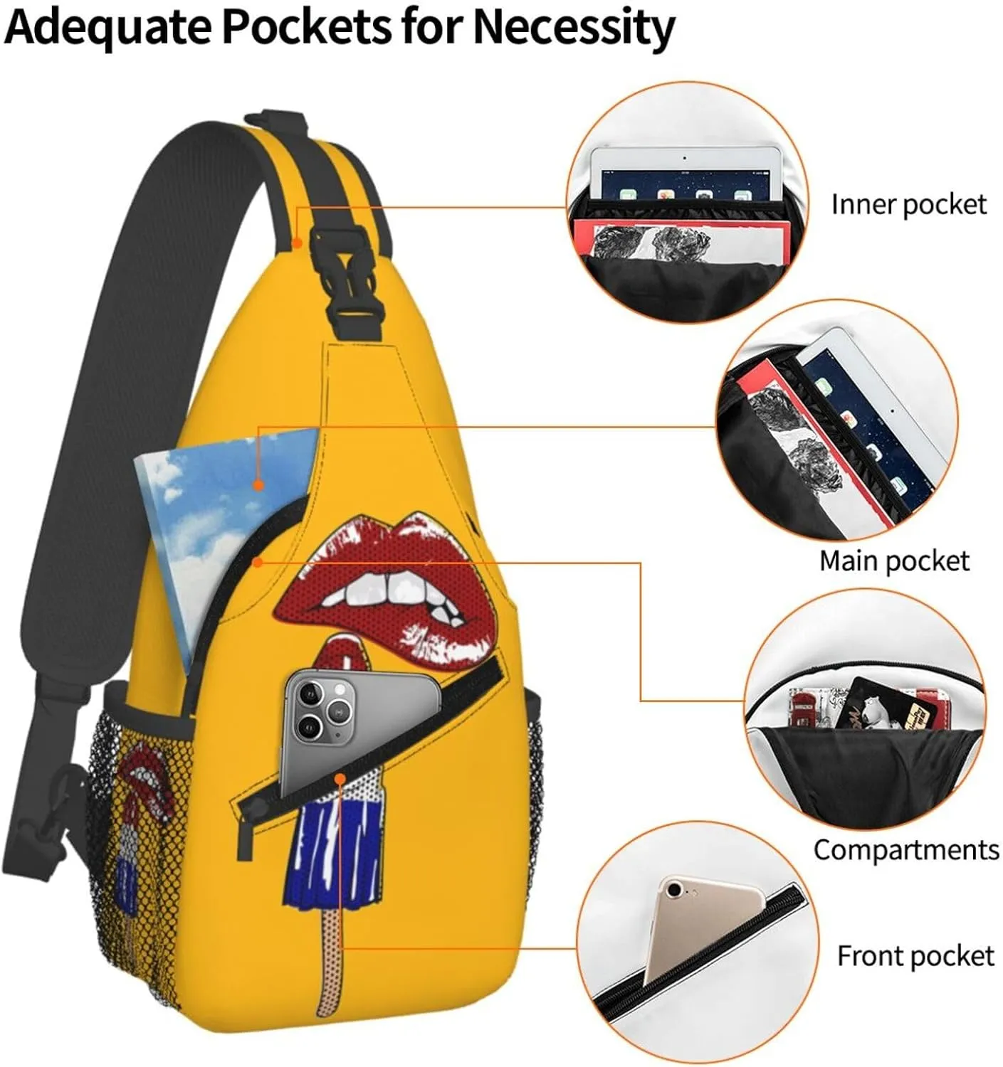 Red Lipstick Lips Black Polka Dots Crossbody Bag Cross Chest Bag Adjustable Sling Backpack Sports Gym Shoulder Bags Travel Cycling Daypack Diagonally Casual Rucksack