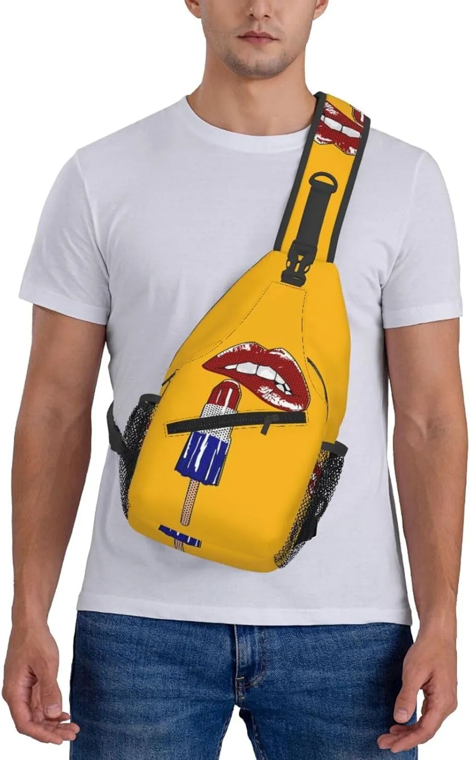 Red Lipstick Lips Black Polka Dots Crossbody Bag Cross Chest Bag Adjustable Sling Backpack Sports Gym Shoulder Bags Travel Cycling Daypack Diagonally Casual Rucksack