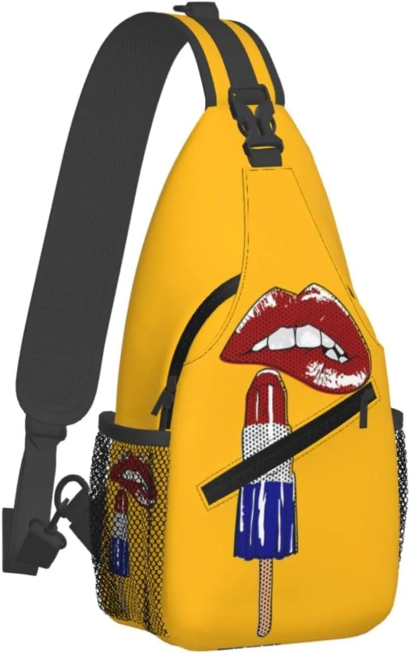 Red Lipstick Lips Black Polka Dots Crossbody Bag Cross Chest Bag Adjustable Sling Backpack Sports Gym Shoulder Bags Travel Cycling Daypack Diagonally Casual Rucksack