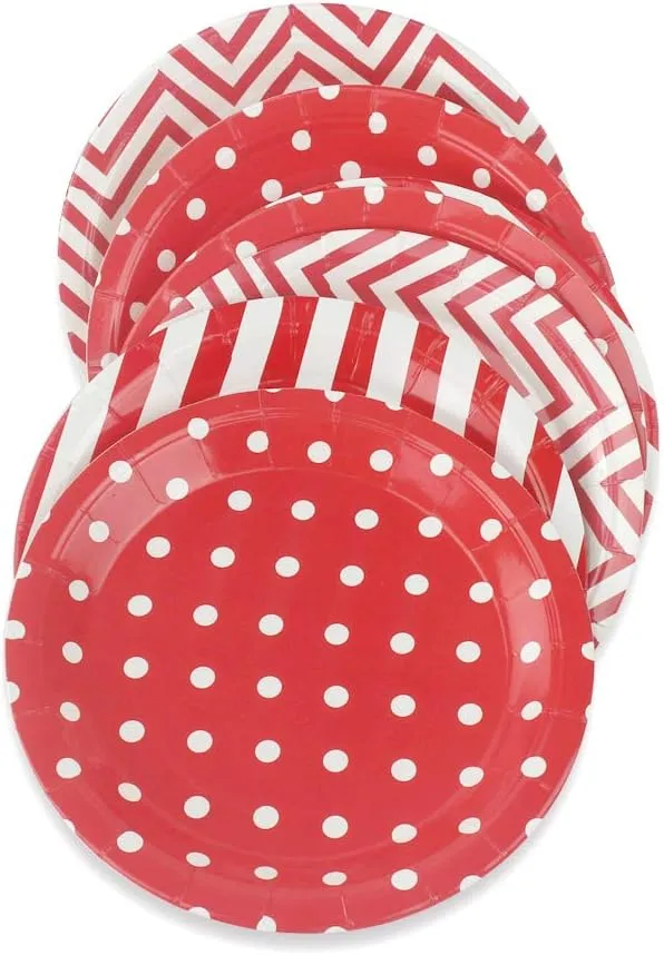 Red Party Paper Plates 36pcs - 9inch Biodegradable Round Plates Polka Dot Stripe Chevron for Cakes, Dessert, Snack, Fruits