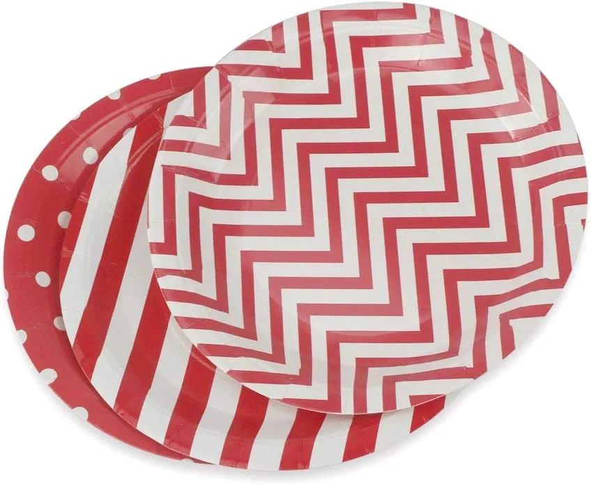 Red Party Paper Plates 36pcs - 9inch Biodegradable Round Plates Polka Dot Stripe Chevron for Cakes, Dessert, Snack, Fruits