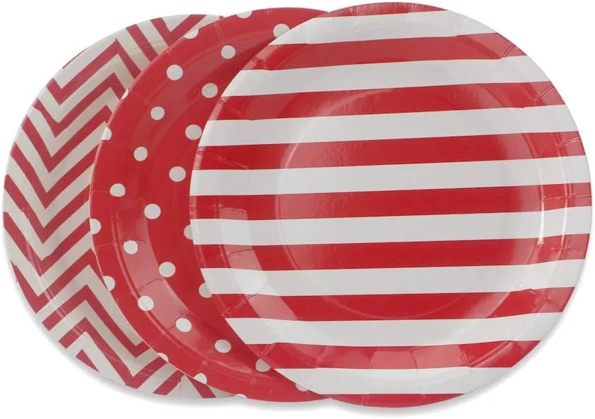Red Party Paper Plates 36pcs - 9inch Biodegradable Round Plates Polka Dot Stripe Chevron for Cakes, Dessert, Snack, Fruits