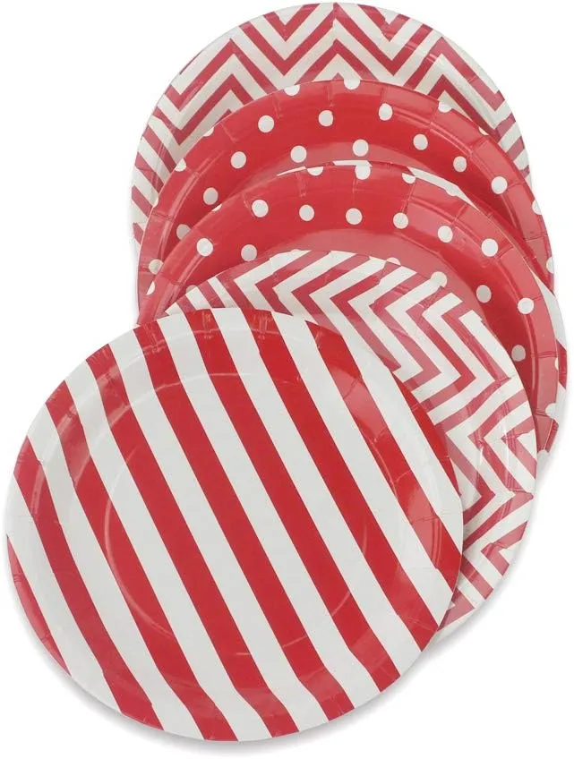 Red Party Paper Plates 36pcs - 9inch Biodegradable Round Plates Polka Dot Stripe Chevron for Cakes, Dessert, Snack, Fruits