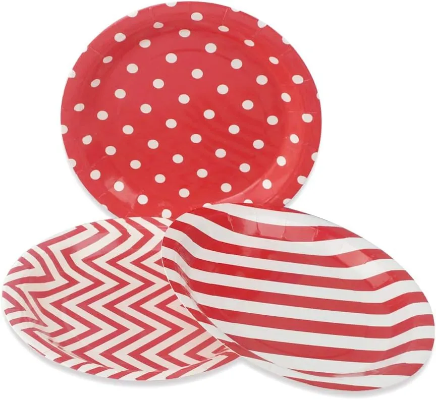 Red Party Paper Plates 36pcs - 9inch Biodegradable Round Plates Polka Dot Stripe Chevron for Cakes, Dessert, Snack, Fruits