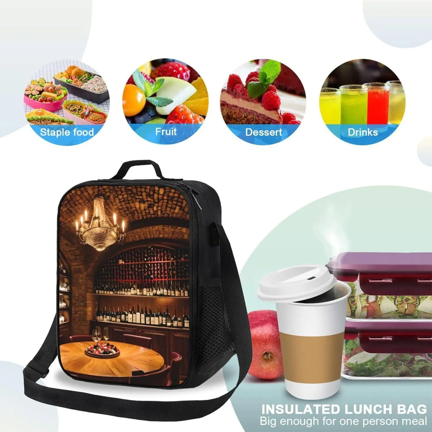 Red Wine Cellar Picture Insulated Lunch Bag,Lunch Tote Cooler Reusable Lunch Pail Outdoors Meal Bag For Women Men
