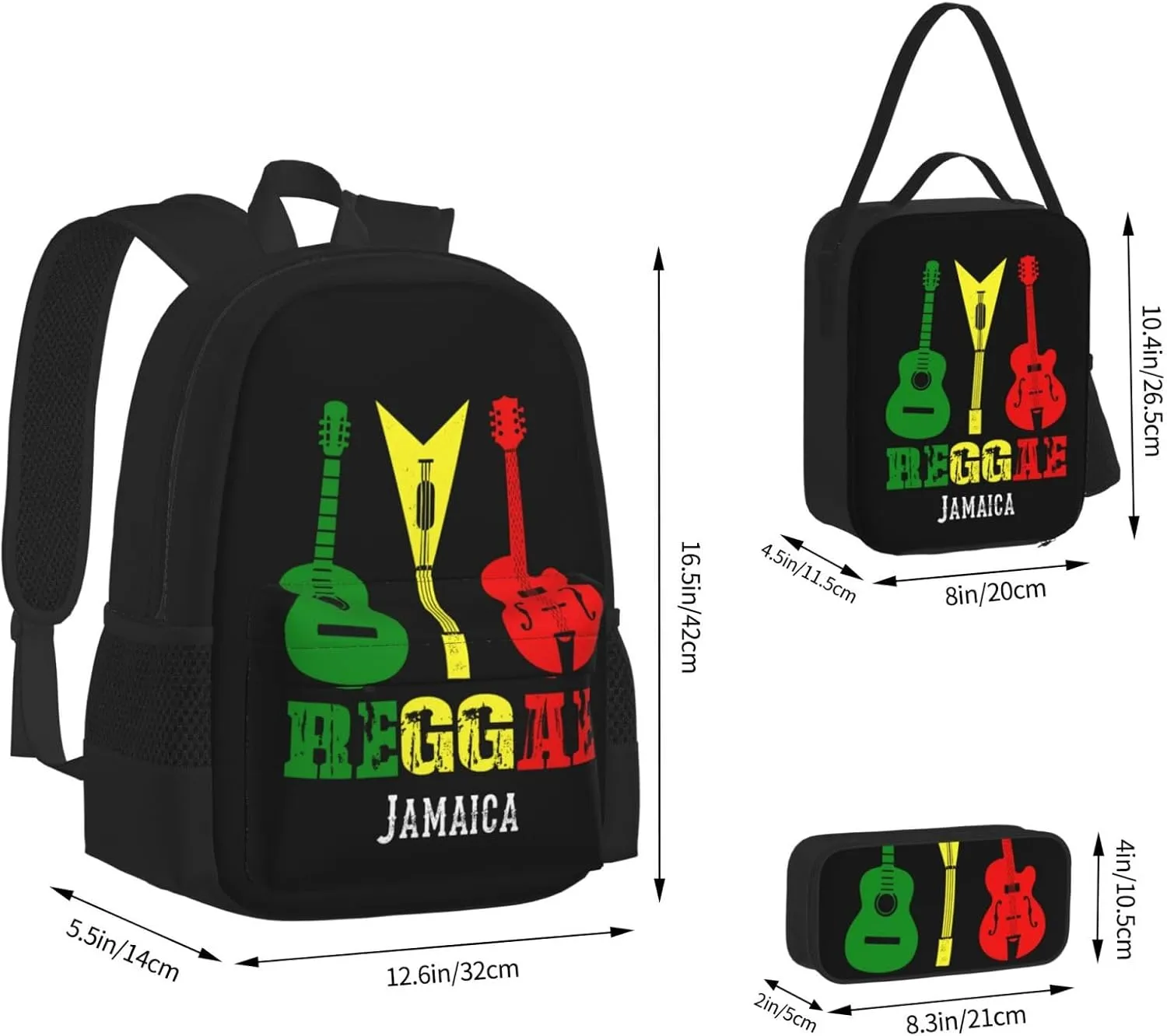 Reggae Guitar Jamaican Music Multifunctional Pocket Backpack Crossbody Lunch Bag Pencil Case 3Pcs Set Large Capacity Backpack