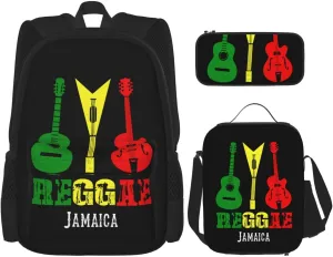 Reggae Guitar Jamaican Music Multifunctional Pocket Backpack Crossbody Lunch Bag Pencil Case 3Pcs Set Large Capacity Backpack