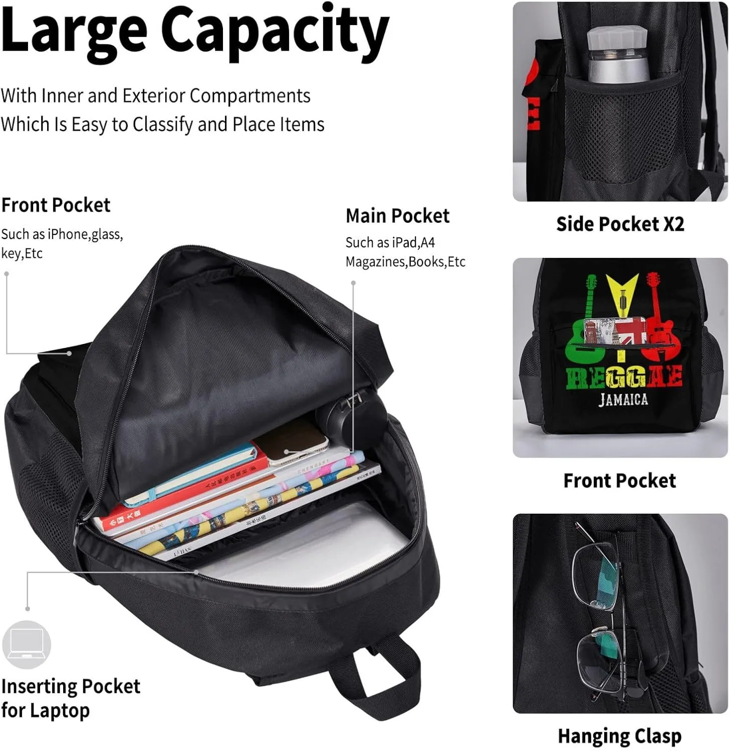 Reggae Guitar Jamaican Music Multifunctional Pocket Backpack Crossbody Lunch Bag Pencil Case 3Pcs Set Large Capacity Backpack