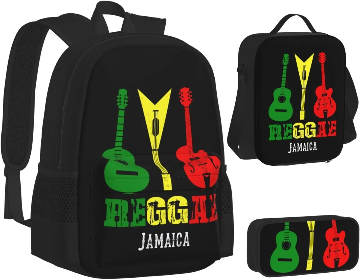 Reggae Guitar Jamaican Music Multifunctional Pocket Backpack Crossbody Lunch Bag Pencil Case 3Pcs Set Large Capacity Backpack