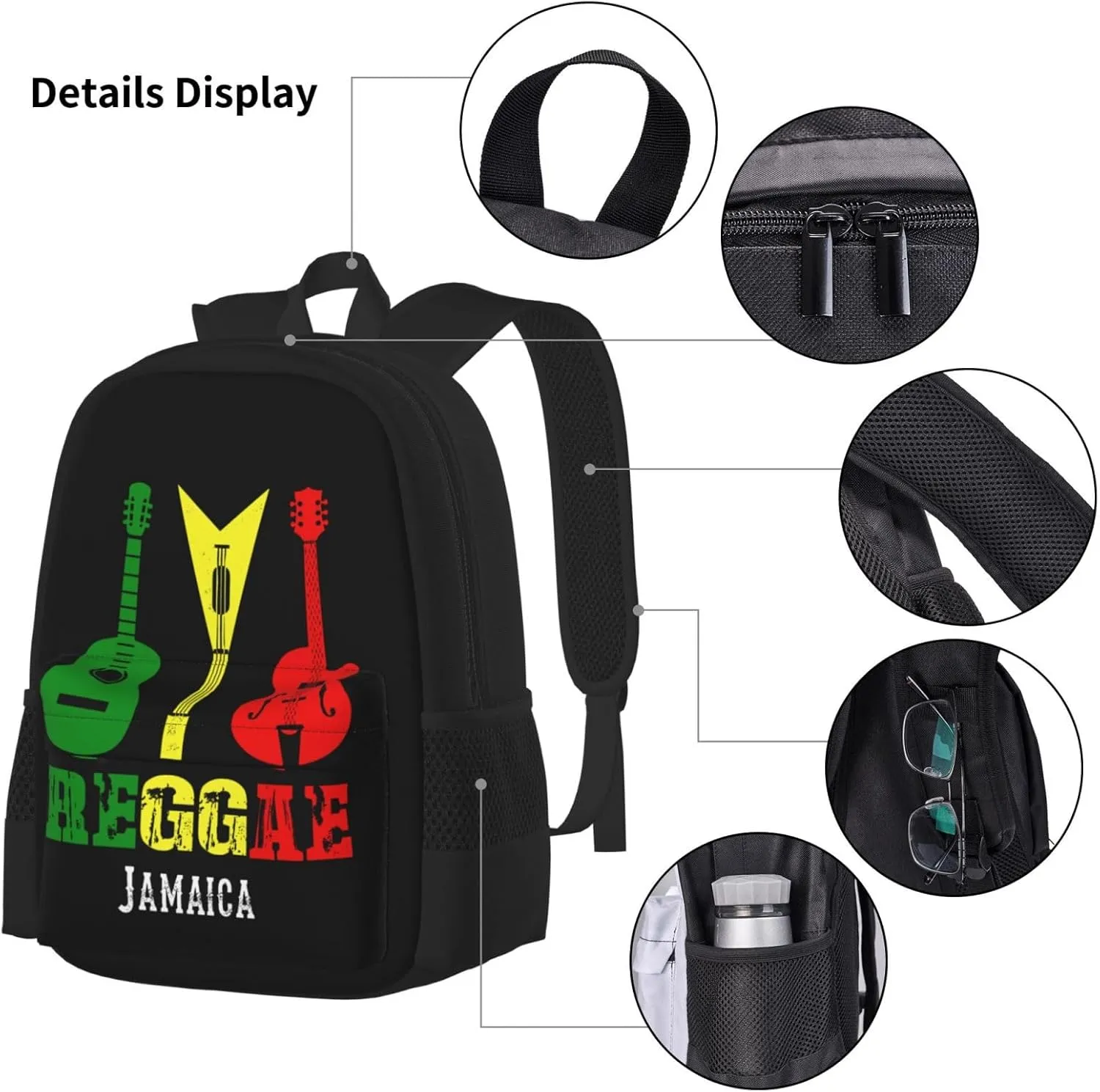 Reggae Guitar Jamaican Music Multifunctional Pocket Backpack Crossbody Lunch Bag Pencil Case 3Pcs Set Large Capacity Backpack