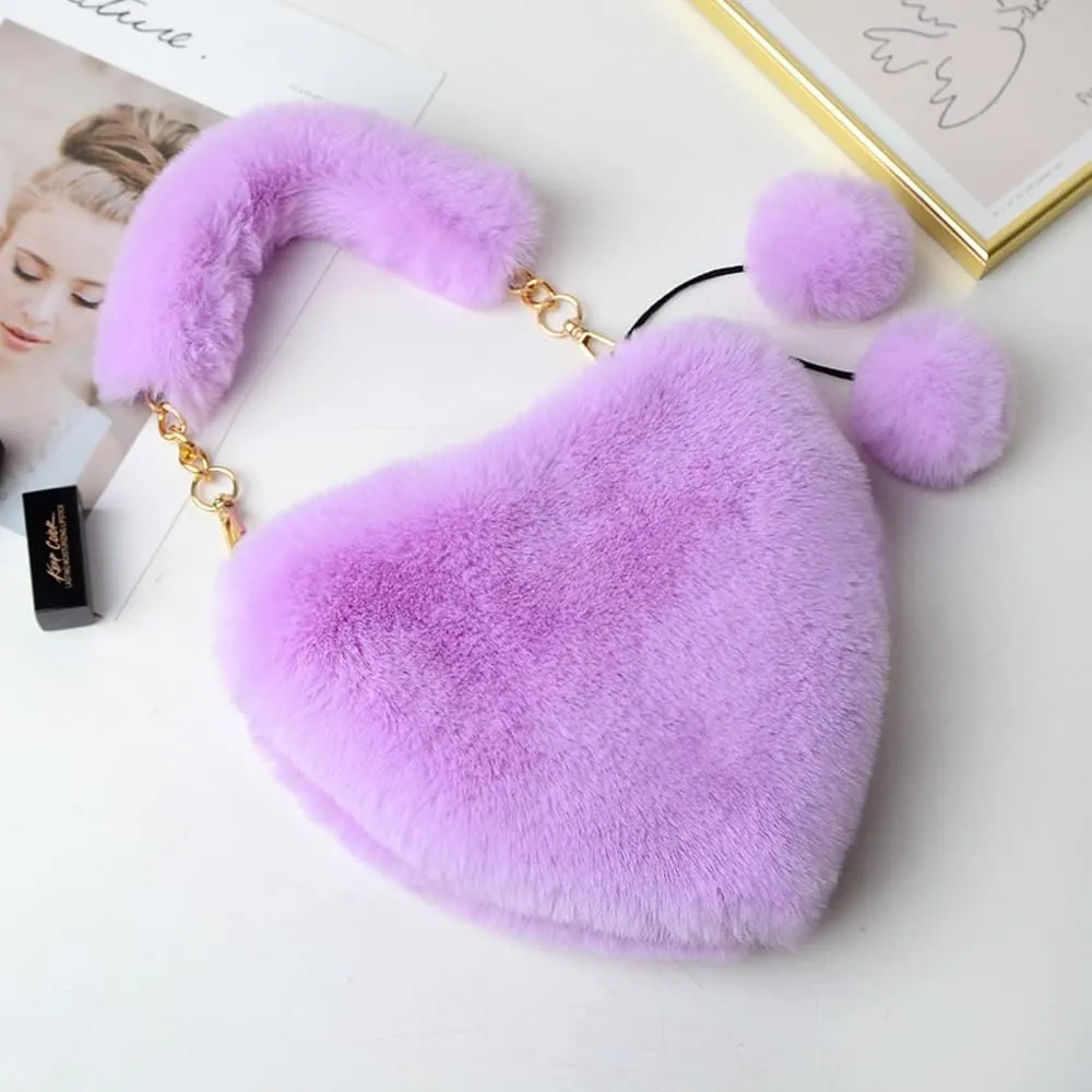 Rejolly Furry Purse for Girls Heart Shaped Fluffy Faux Fur Handbag for Women Soft Small Shoulder Bag Clutch Purse