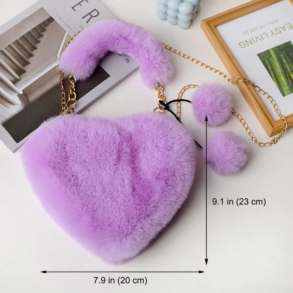 Rejolly Furry Purse for Girls Heart Shaped Fluffy Faux Fur Handbag for Women Soft Small Shoulder Bag Clutch Purse