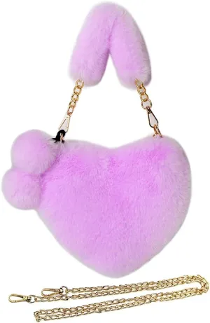 Rejolly Furry Purse for Girls Heart Shaped Fluffy Faux Fur Handbag for Women Soft Small Shoulder Bag Clutch Purse