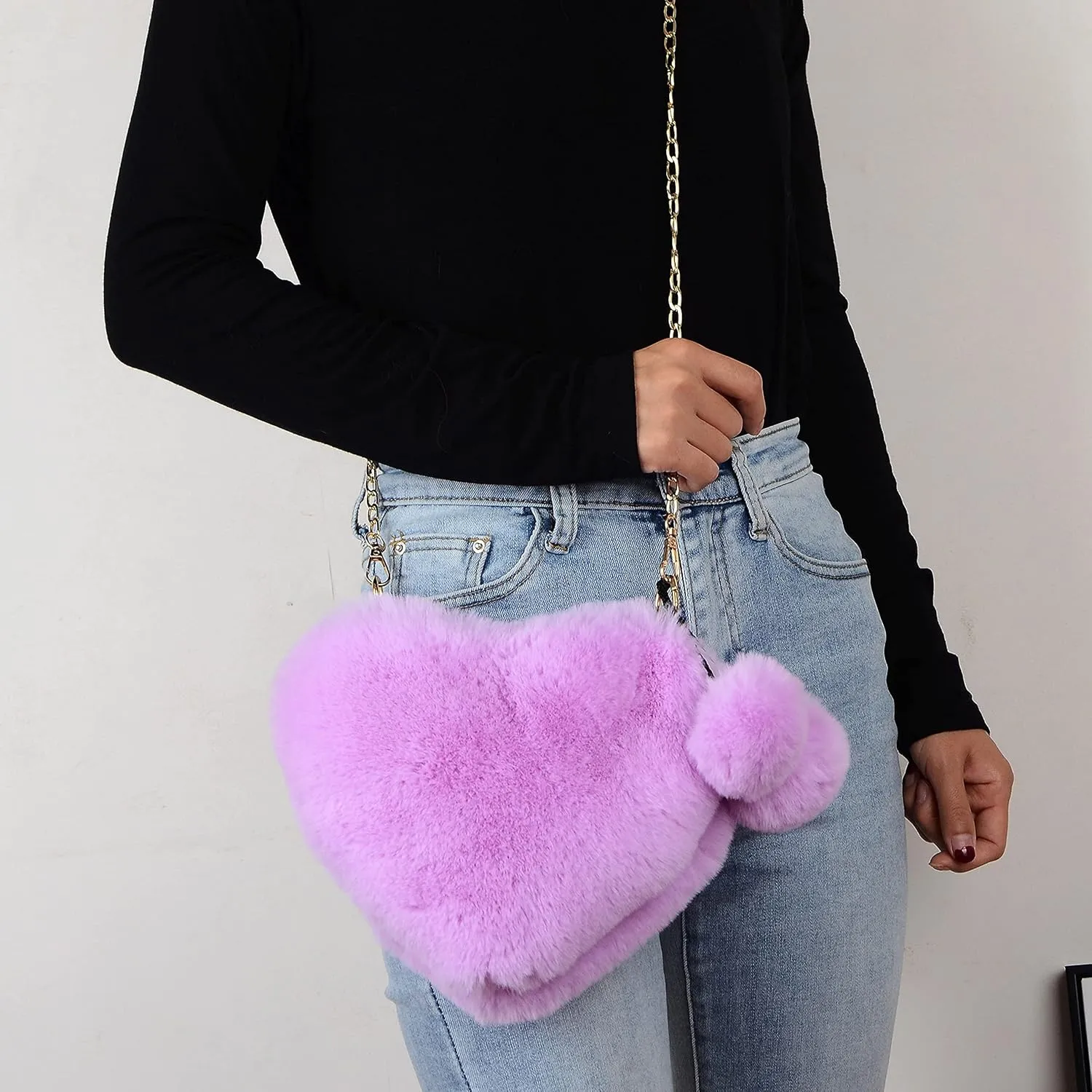 Rejolly Furry Purse for Girls Heart Shaped Fluffy Faux Fur Handbag for Women Soft Small Shoulder Bag Clutch Purse