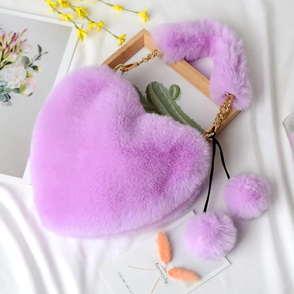 Rejolly Furry Purse for Girls Heart Shaped Fluffy Faux Fur Handbag for Women Soft Small Shoulder Bag Clutch Purse