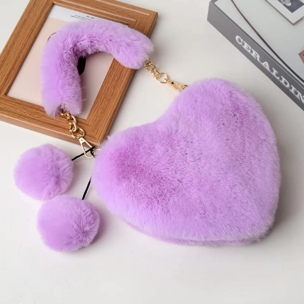 Rejolly Furry Purse for Girls Heart Shaped Fluffy Faux Fur Handbag for Women Soft Small Shoulder Bag Clutch Purse