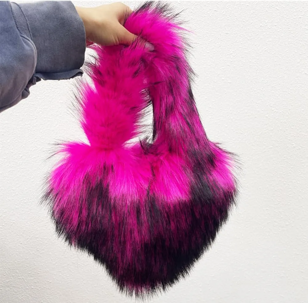 Rejolly Heart Shaped Furry Purse for Women Large Soft Shoulder Bag Fluffy Faux Fur Trendy Y2K Girls Handbag